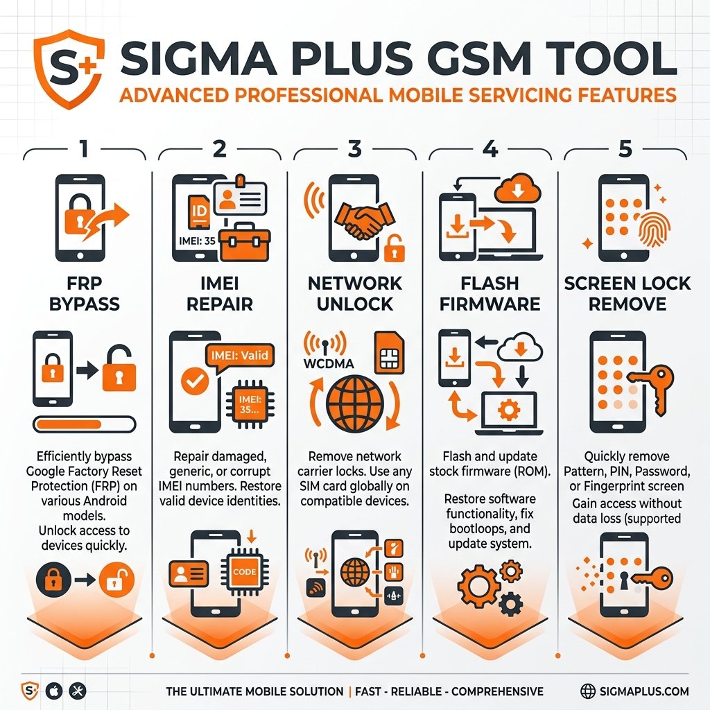 Sigma Plus tính năng chính: Unlock, FRP, IMEI Repair