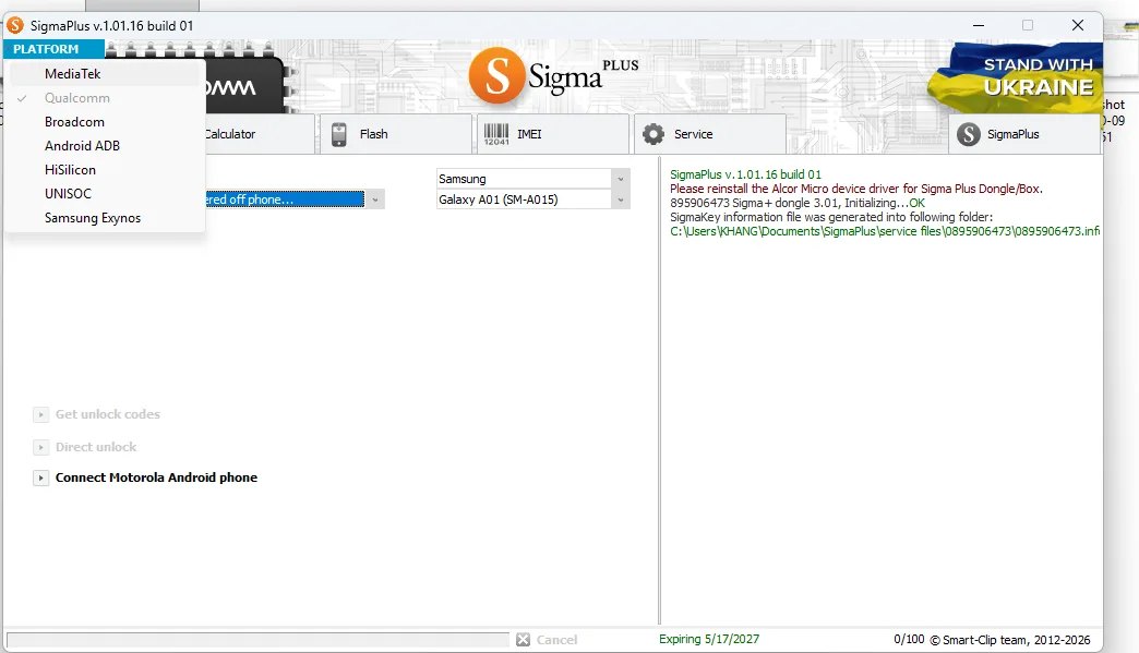 Menu Platform Sigma Plus hỗ trợ 7 nền tảng chip