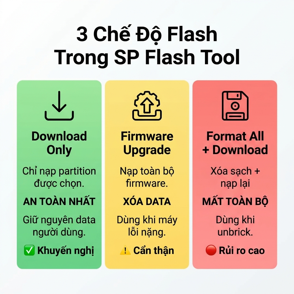 So sánh 3 chế độ flash trong SP Flash Tool