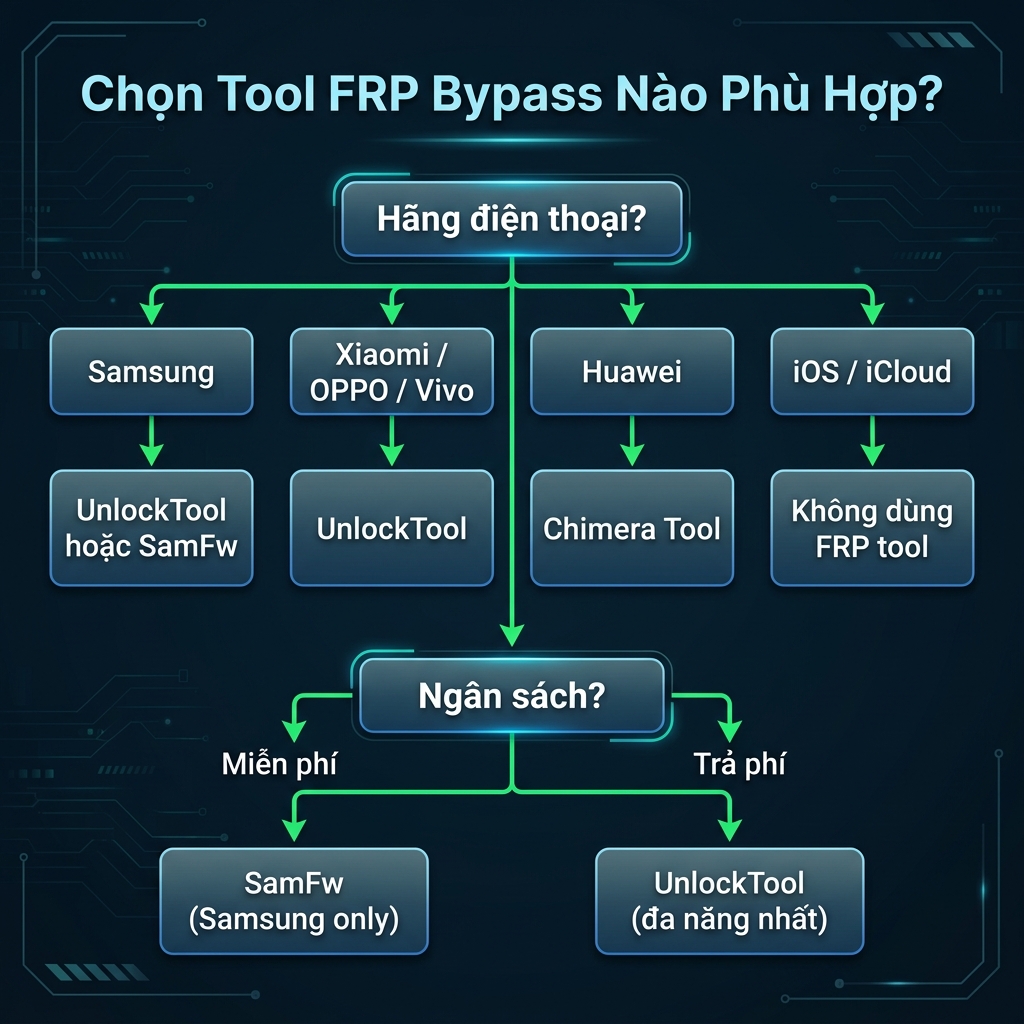 Flowchart chọn tool FRP bypass phù hợp 2026