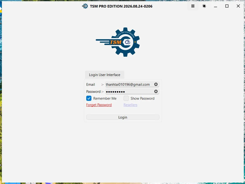 Màn hình đăng nhập TSM Tool Pro Edition 2026 — nhập email và password