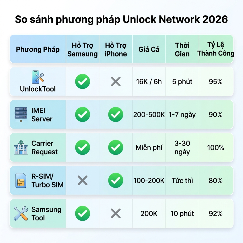 So sánh phương pháp unlock network Samsung iPhone 2026