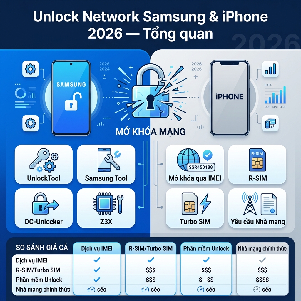 Unlock network Samsung iPhone 2026 mở khóa nhà mạng AT&T T-Mobile Verizon