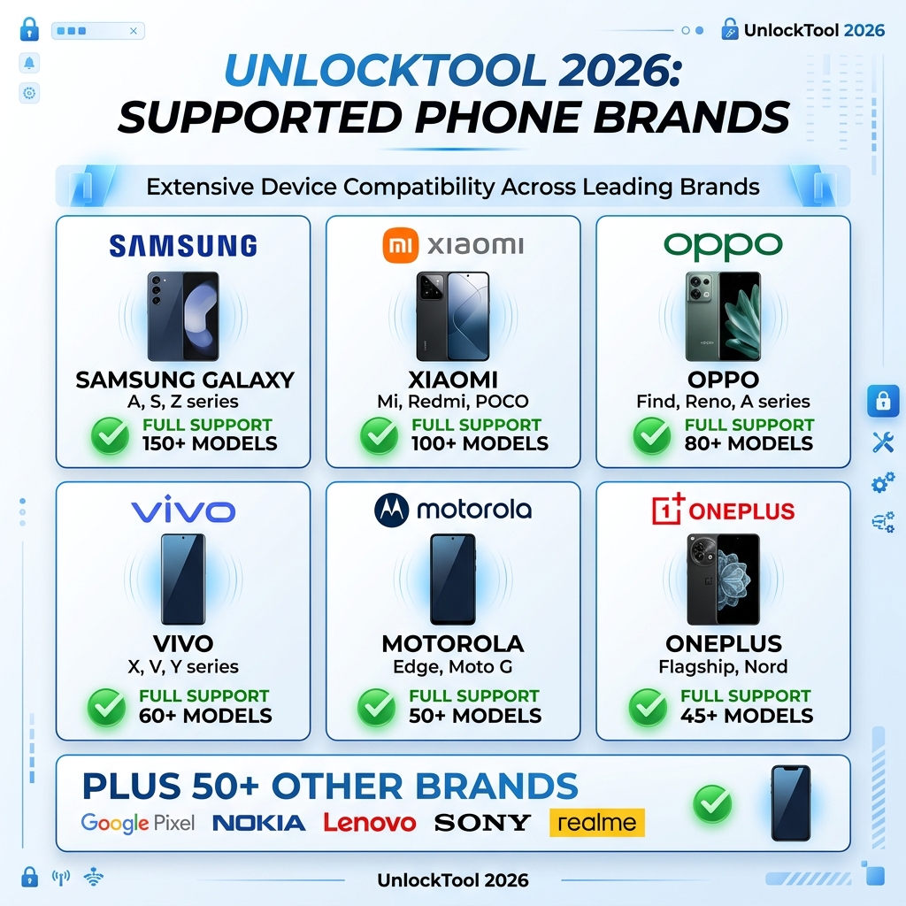 Danh sách hãng điện thoại được UnlockTool 2026 hỗ trợ