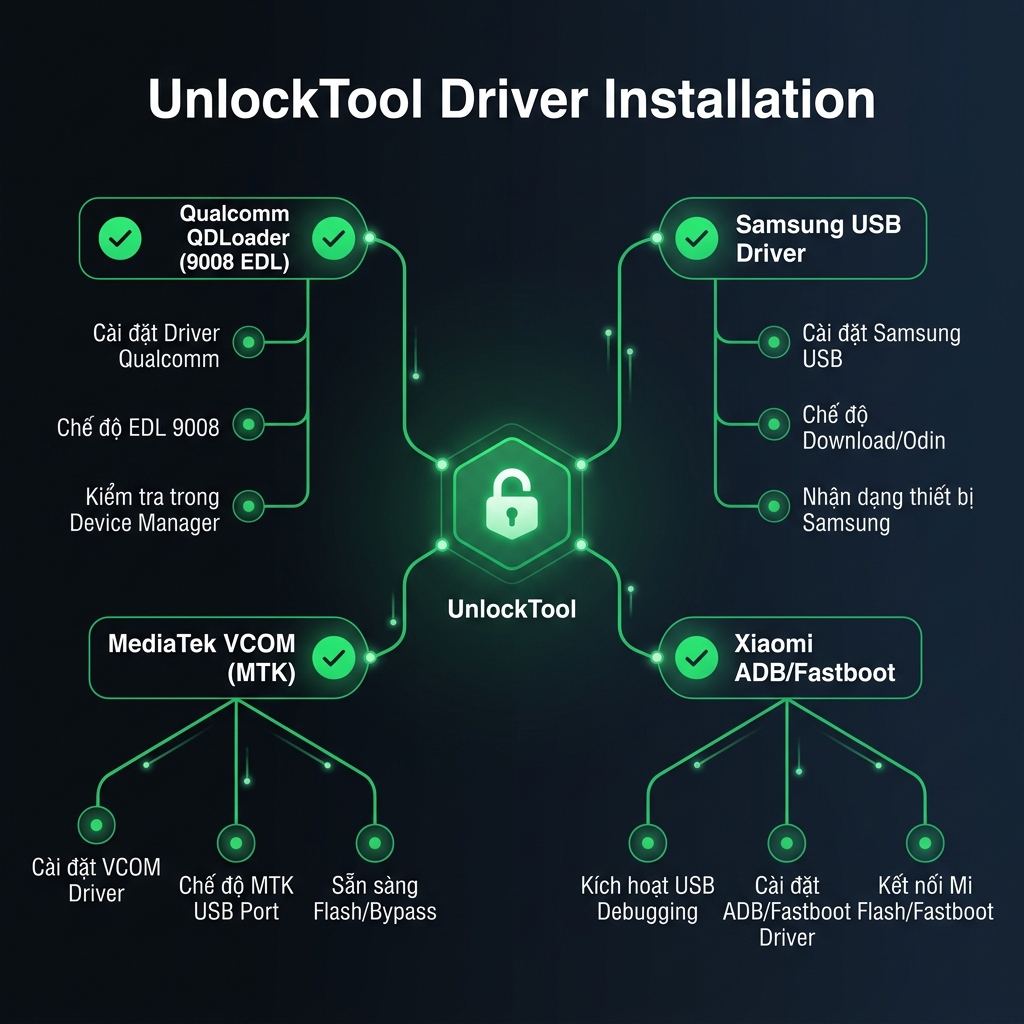 Sơ đồ cài đặt driver cho UnlockTool - Qualcomm, MTK, Samsung