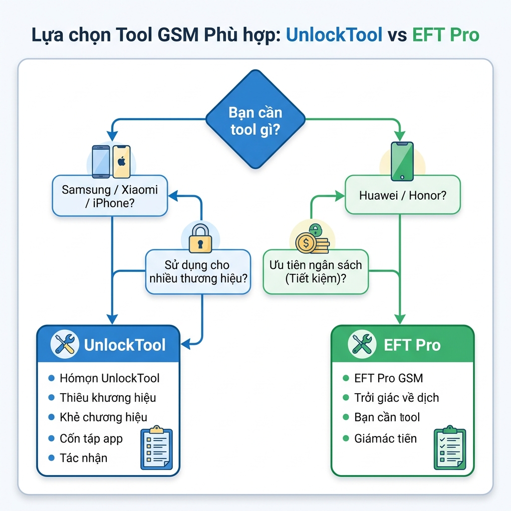 Sơ đồ quyết định chọn UnlockTool hay EFT Pro theo nhu cầu