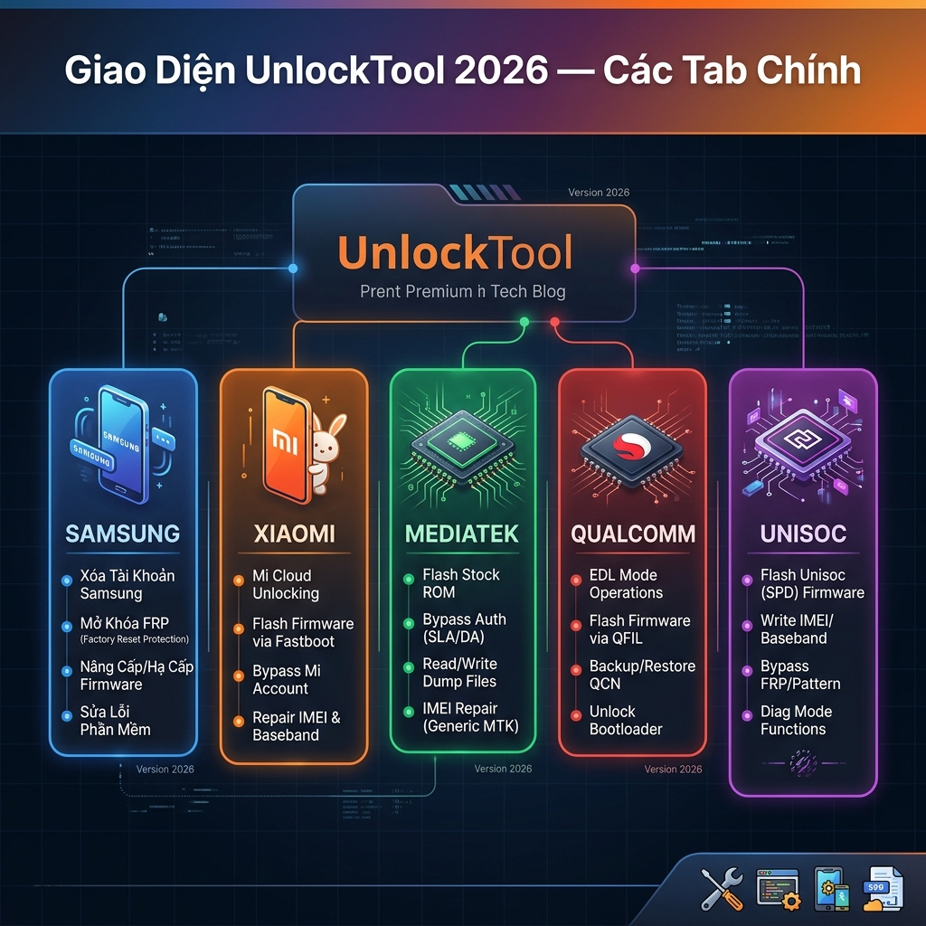 Giao diện các tab chính của UnlockTool 2026
