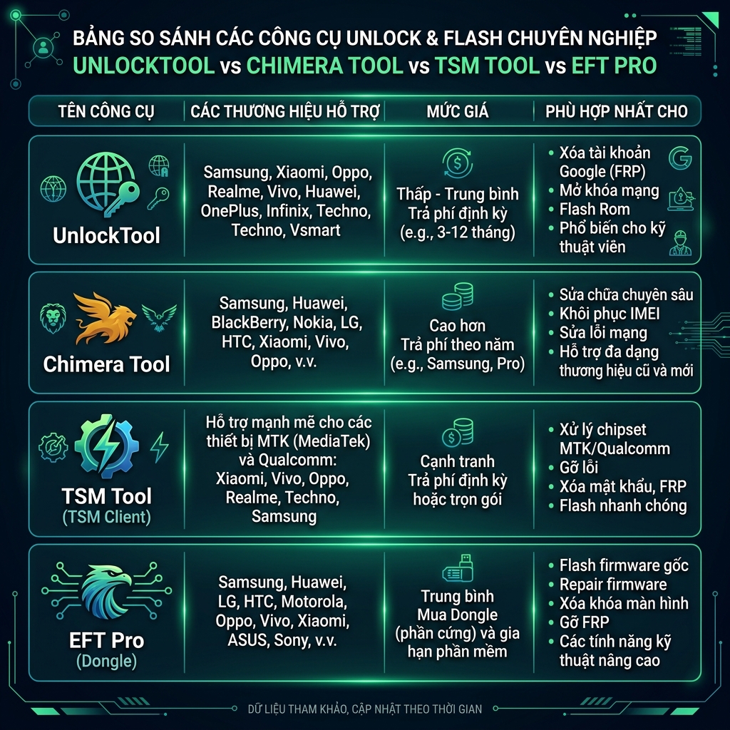 So sánh UnlockTool 2026 với Chimera Tool, TSM Tool, EFT Pro