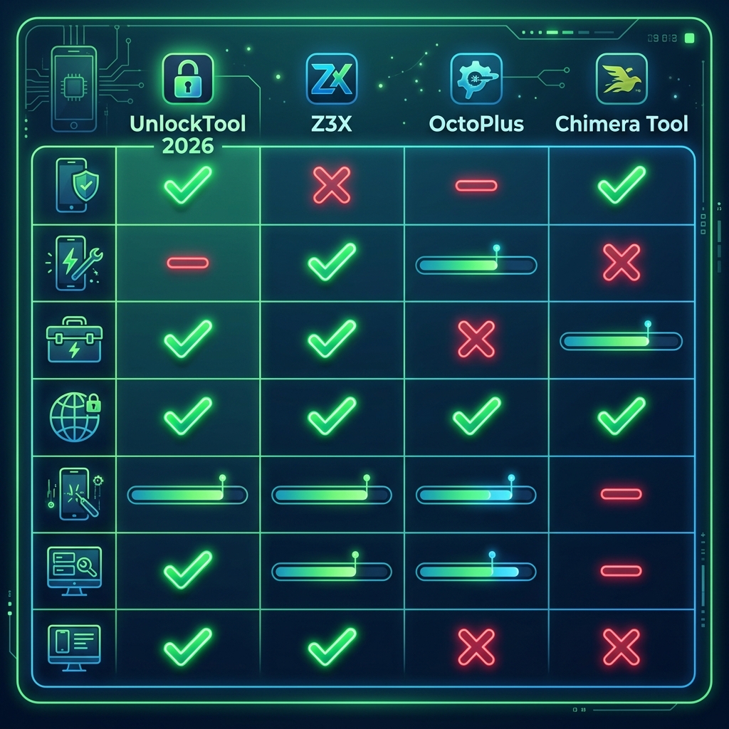 So sánh UnlockTool 2026 vs Z3X OctoPlus Chimera - Bảng tính năng chi tiết