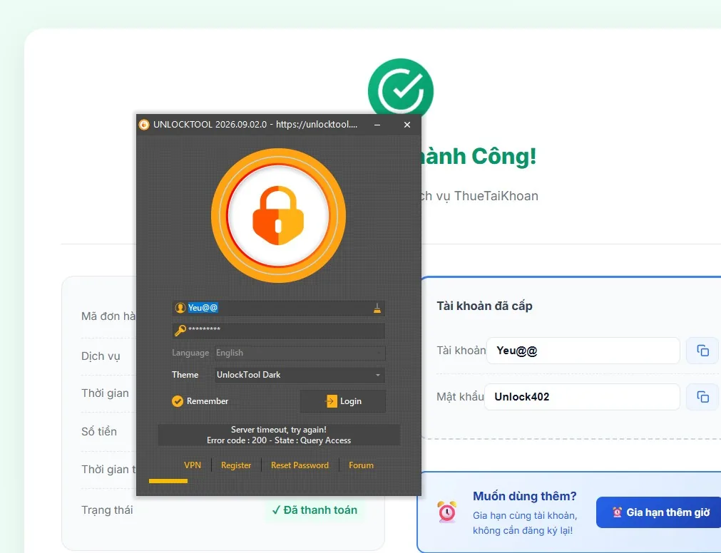 UnlockTool báo lỗi 200 khi đăng nhập