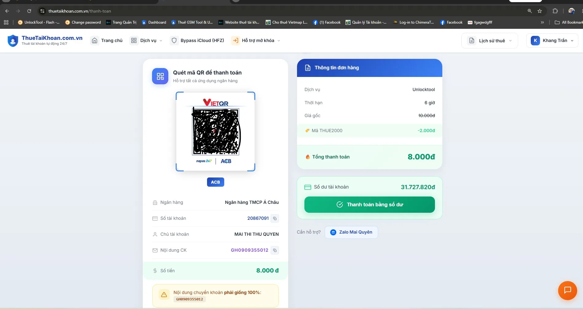 Quét mã QR để thanh toán đơn thuê