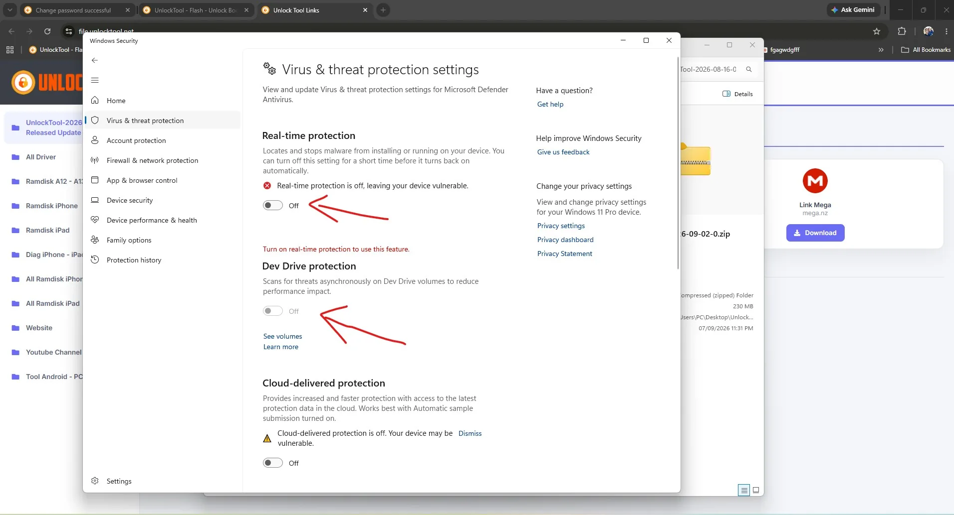 Tắt Windows Defender Real-time protection trước khi tải UnlockTool