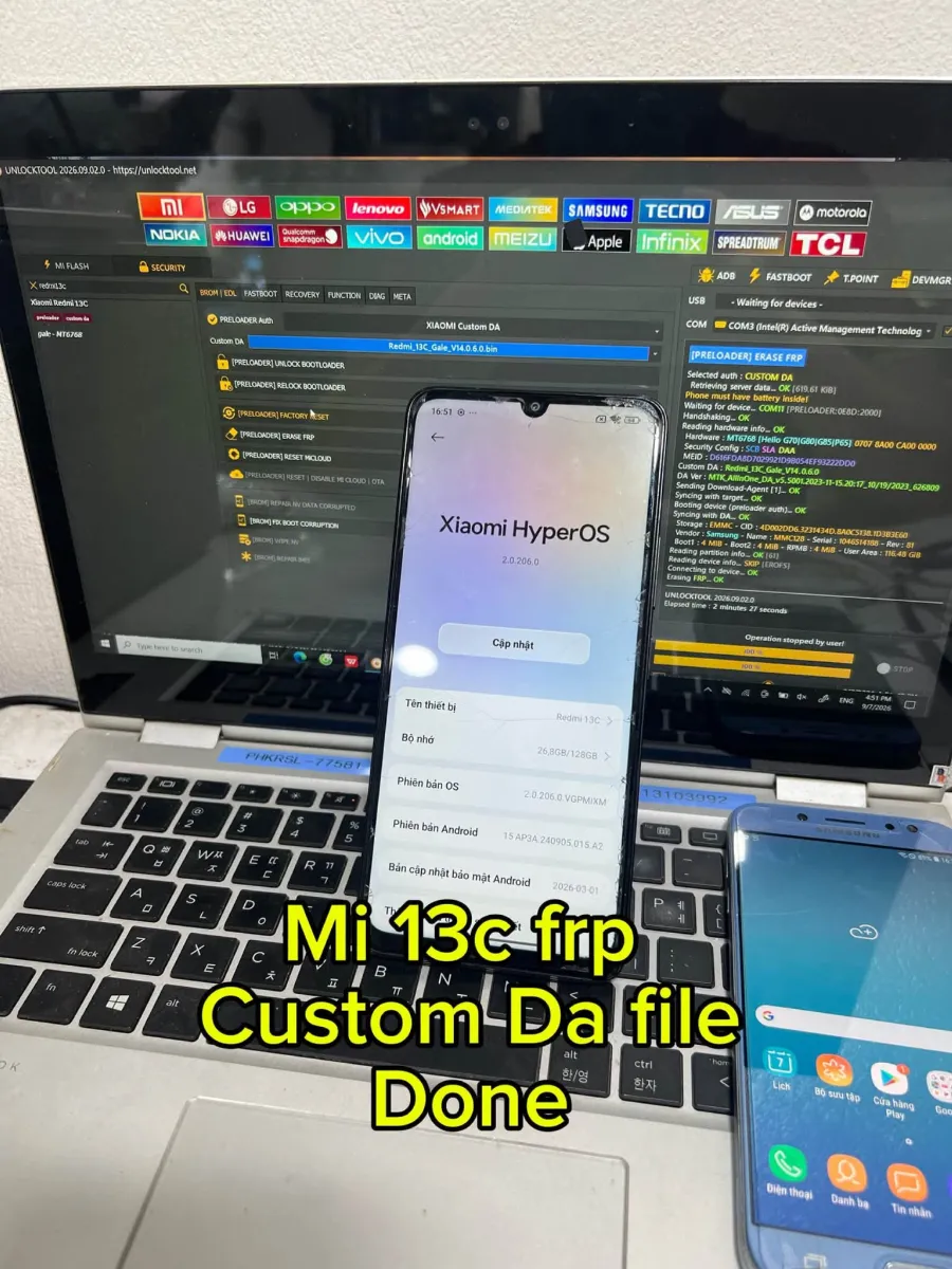 Redmi 13C HyperOS Android 15 xóa FRP bằng UnlockTool Preloader Custom DA