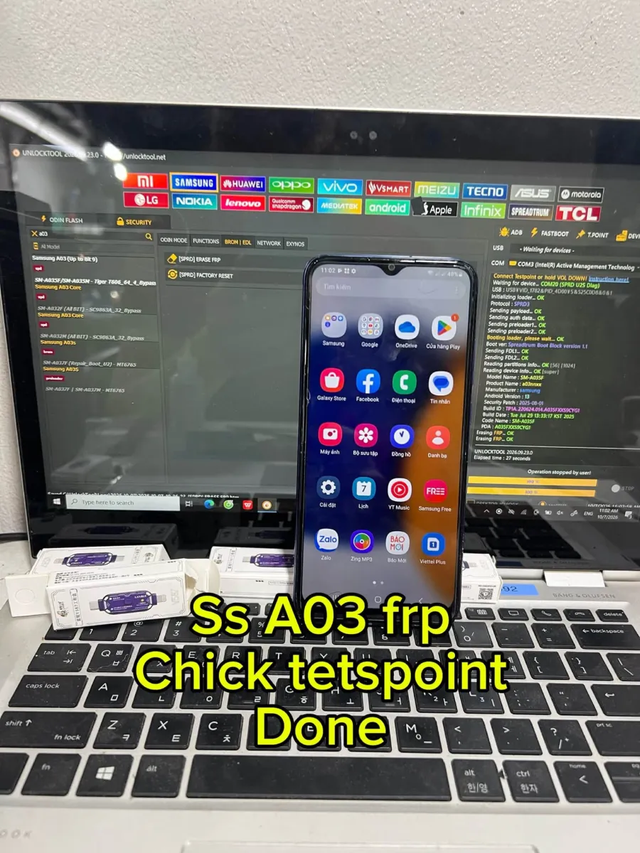 Samsung A03 SM-A035F xóa FRP bằng UnlockTool qua testpoint, chip Spreadtrum