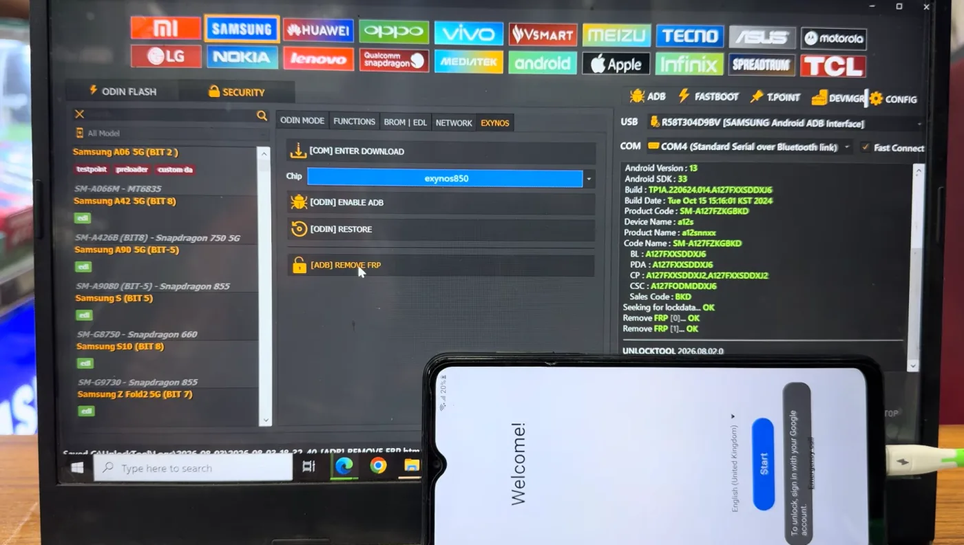 UnlockTool Remove FRP Galaxy A12 SM-A127F chip Exynos 850 qua ADB