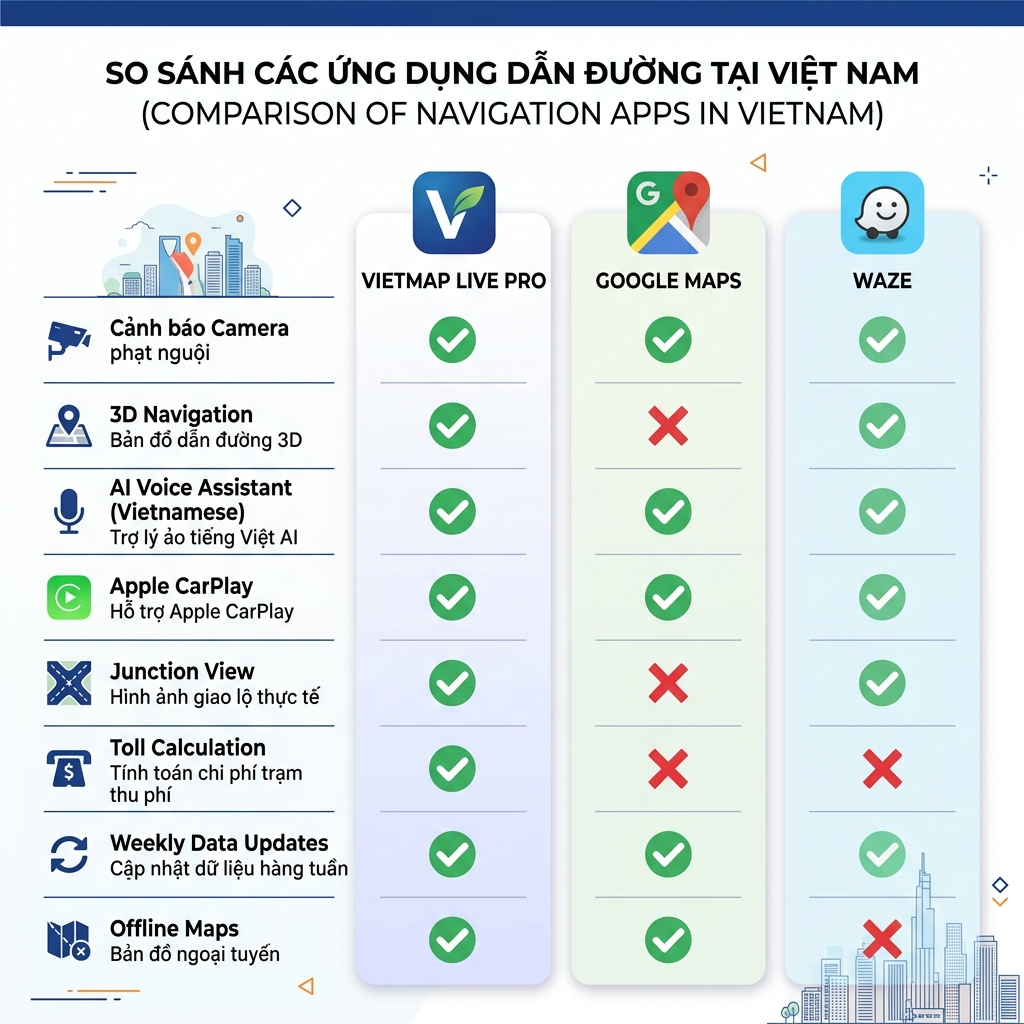 So sánh Vietmap Live Pro với Google Maps và Waze 2026