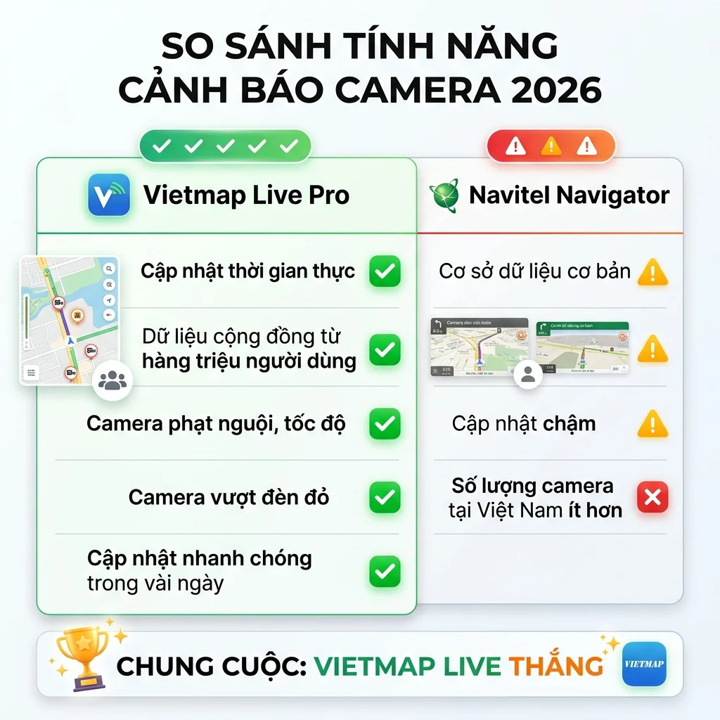 So sánh cảnh báo camera Vietmap Live vs Navitel 2026