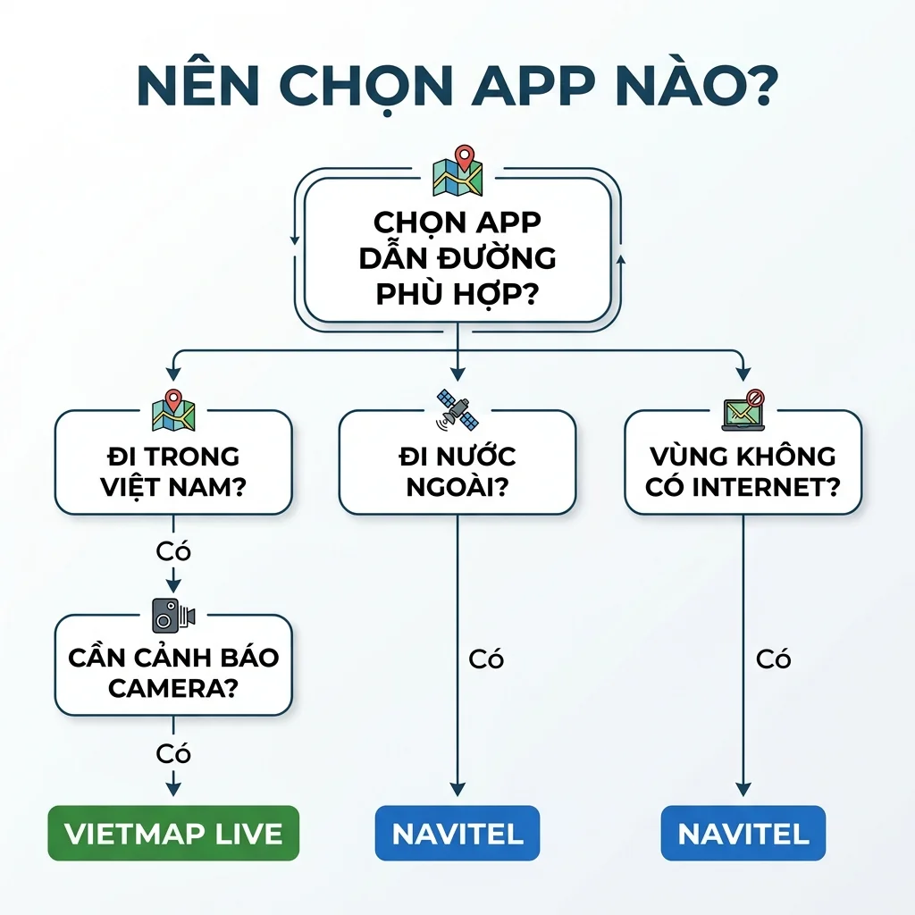Sơ đồ chọn app bản đồ Vietmap Live hay Navitel cho ô tô