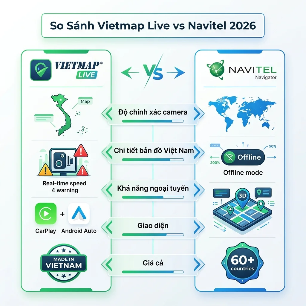So sánh Vietmap Live vs Navitel 2026 tổng quan tính năng