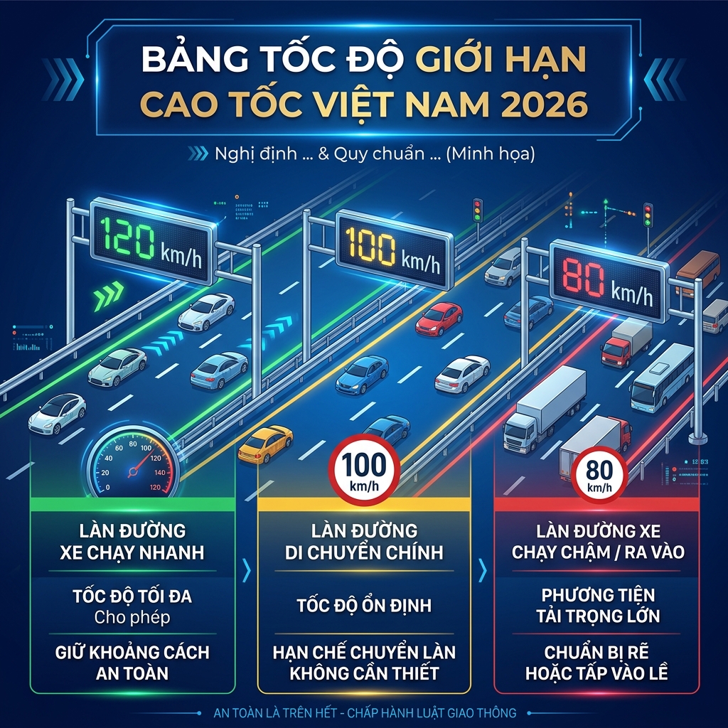 Bảng tốc độ giới hạn cao tốc Việt Nam 2026 theo làn đường