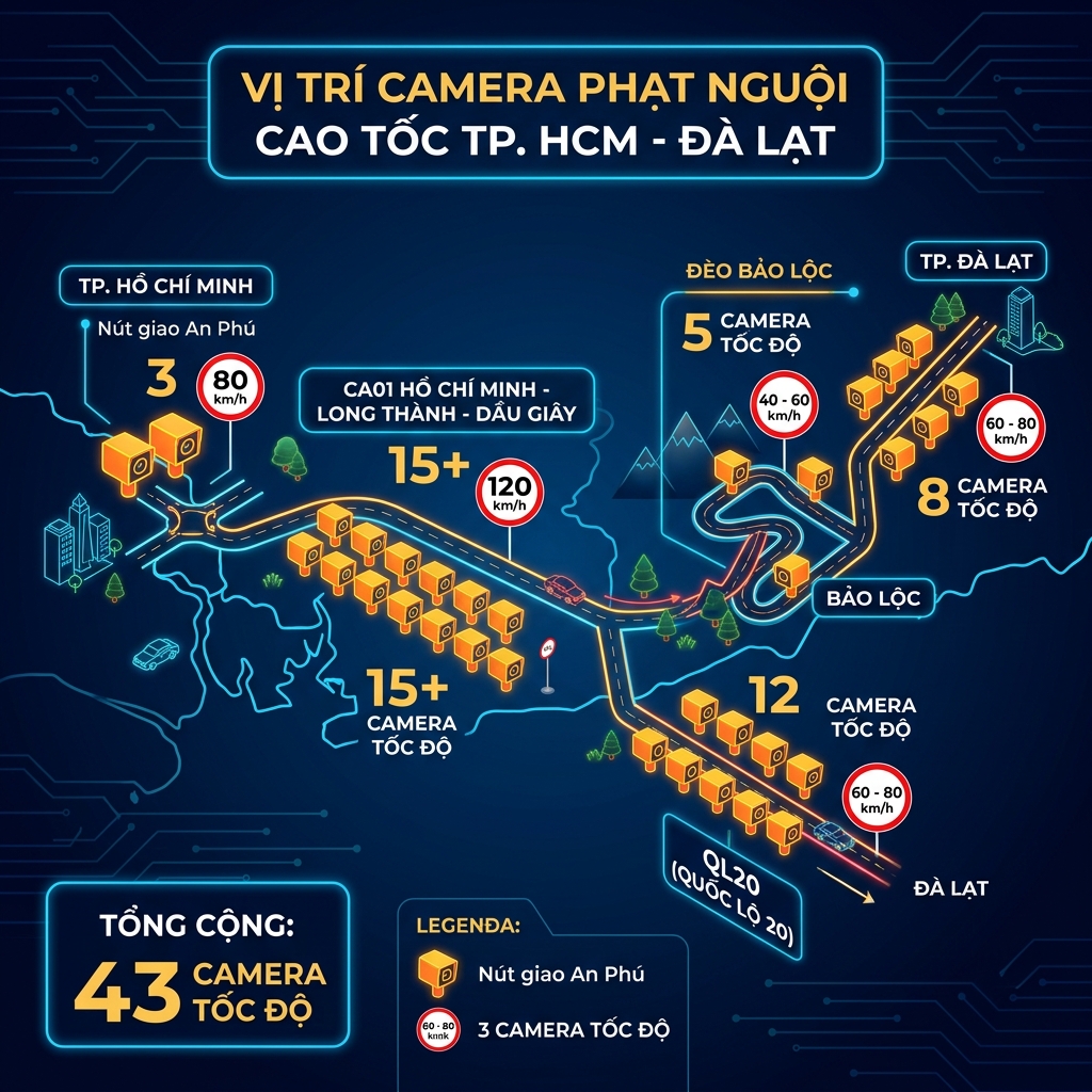 Bản đồ vị trí camera phạt nguội trên đường TPHCM đi Đà Lạt