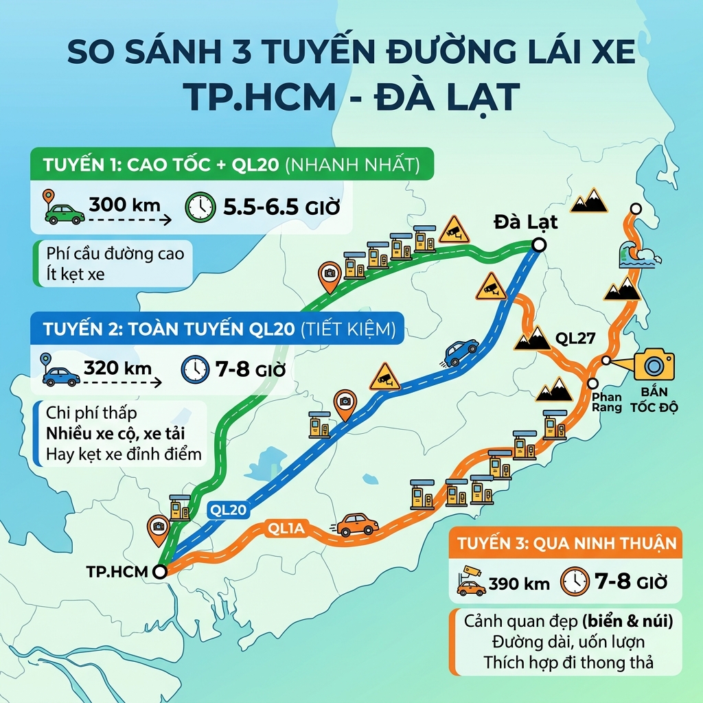 So sánh 3 lộ trình đường TPHCM đi Đà Lạt 2026
