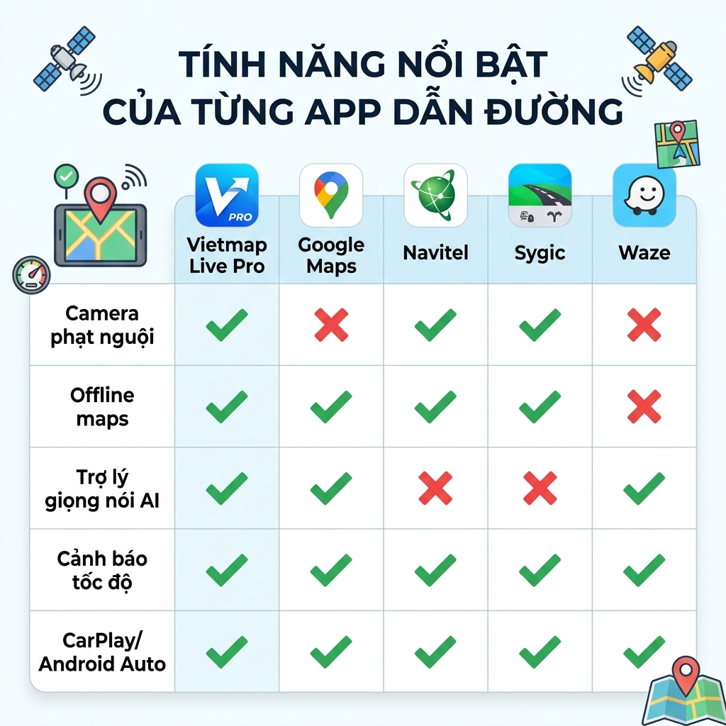 Tính năng nổi bật của từng app dẫn đường GPS 2026