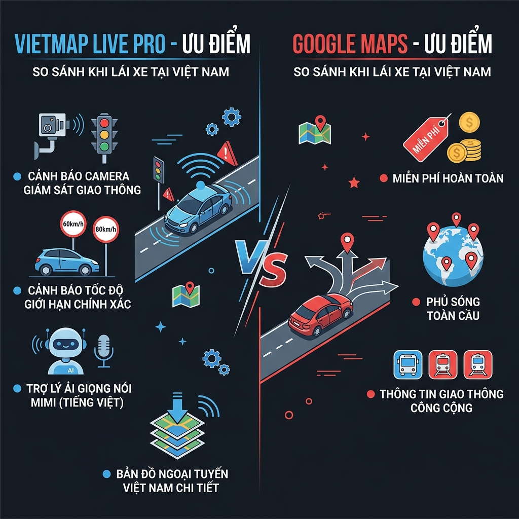 So sánh Vietmap Live Pro vs Google Maps — app dẫn đường tốt nhất Việt Nam 2026
