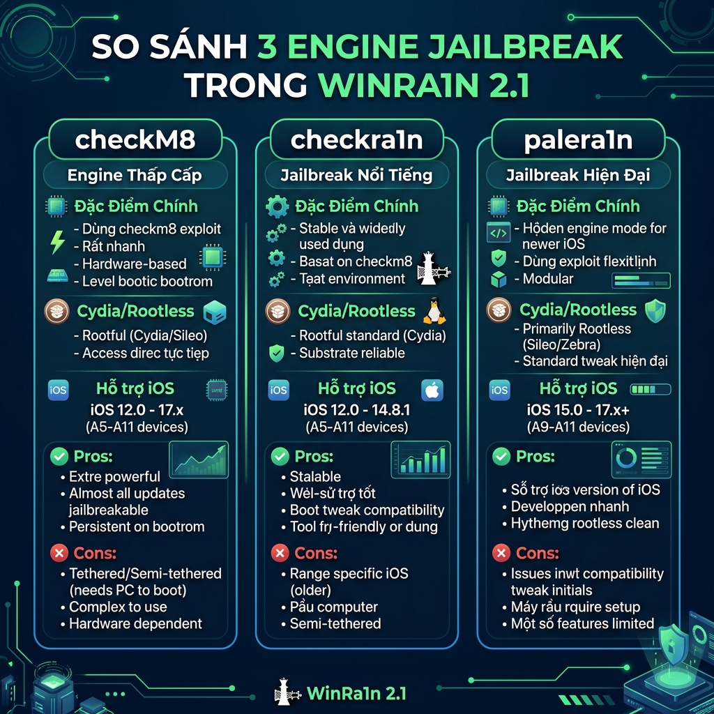 So sánh 3 engine jailbreak trong WinRa1n 2.1: checkM8 vs checkra1n vs palera1n