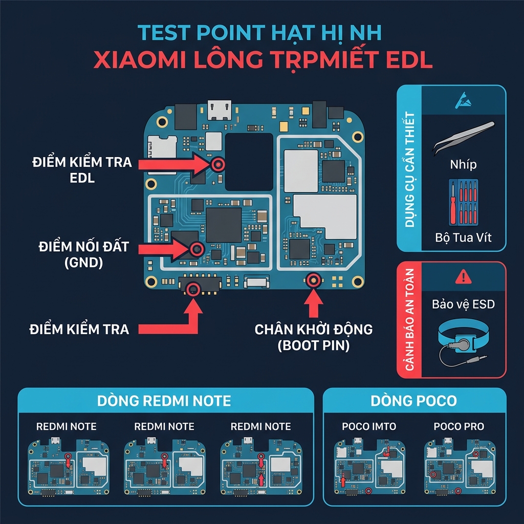 Vị trí Test Point trên mainboard Xiaomi cho EDL Mode
