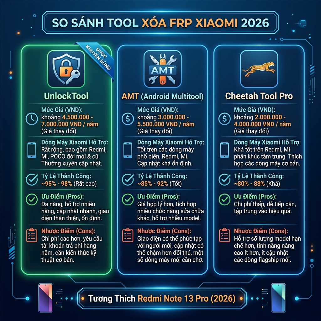 So sánh tool xóa FRP Xiaomi 2026 — UnlockTool vs AMT vs Cheetah Tool