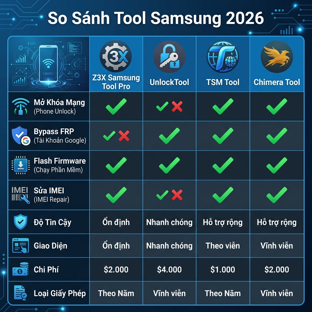 So sánh Z3X Samsung Tool Pro với UnlockTool TSM Tool Chimera 2026