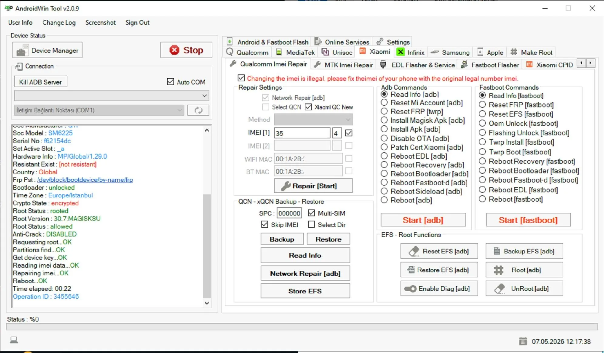 AndroidWinTool v2.0.9 — Qualcomm IMEI Repair qua ADB thành công trên SM6225