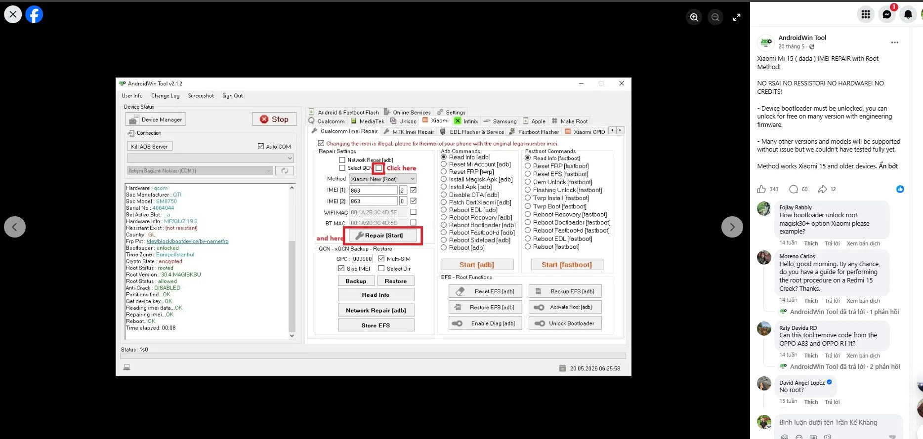 AndroidWinTool v2.1.2 — Xiaomi Mi 15 IMEI Repair Root Method, Facebook post chính thức