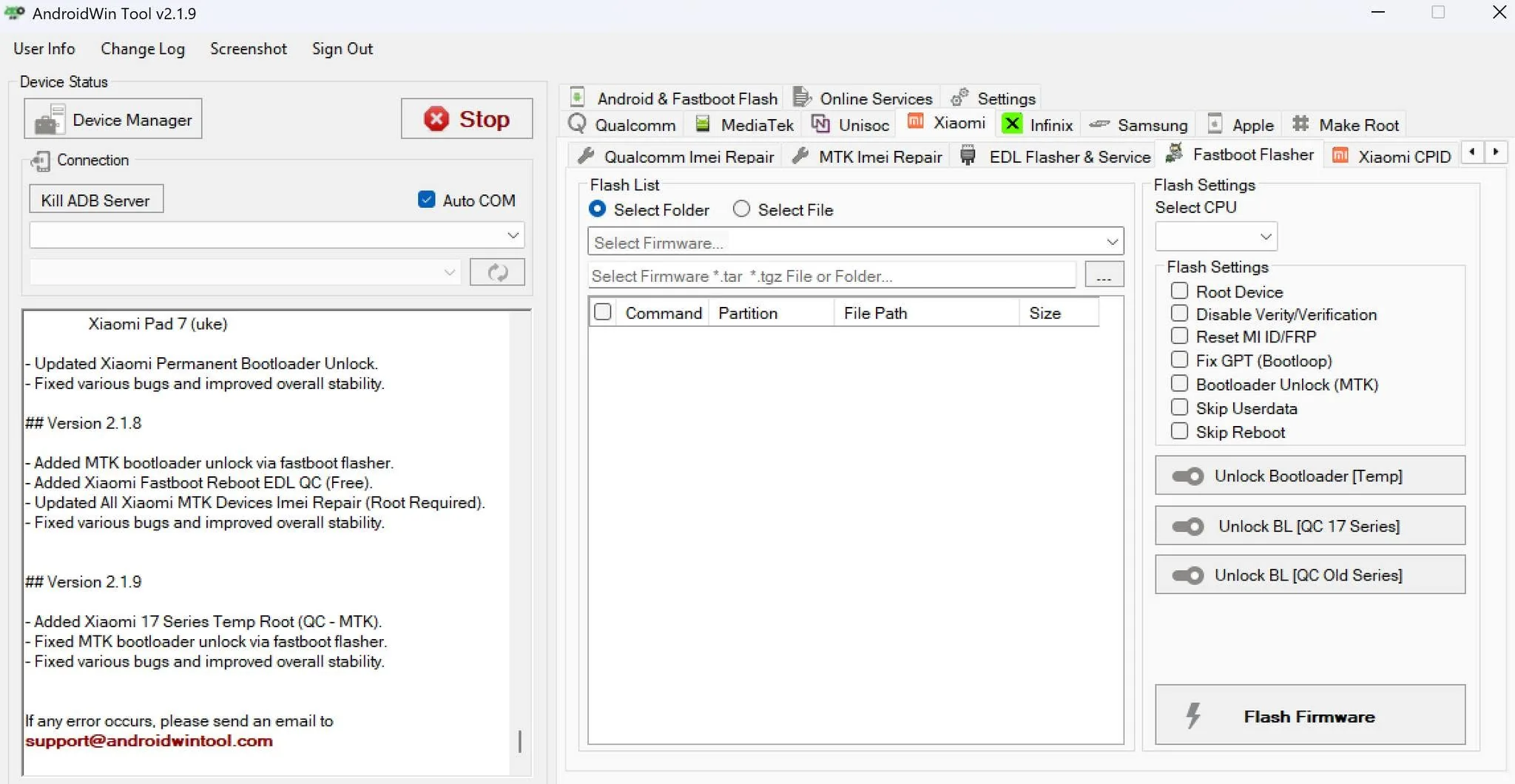 AndroidWinTool v2.1.9 — Fastboot Flasher, Unlock Bootloader MTK, Changelog