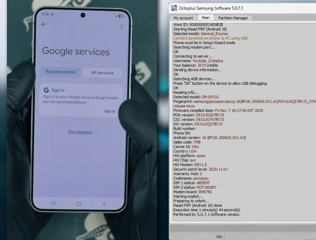 Thiết bị Samsung Android 16 và log Octoplus Samsung Software Reset FRP thành công