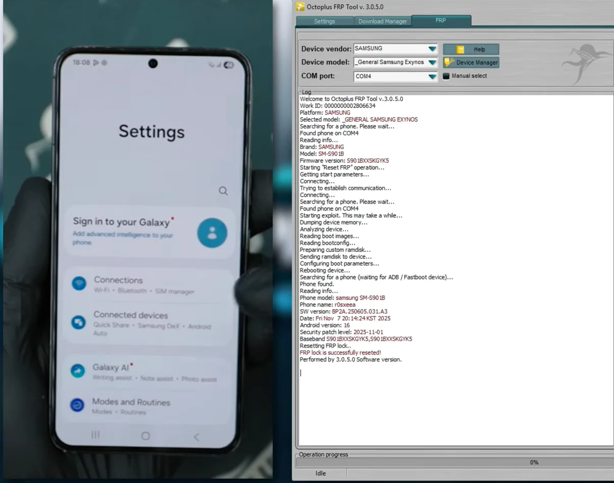 Thiết bị Samsung và giao diện Octoplus FRP Tool sau khi hoàn tất quy trình Reset FRP