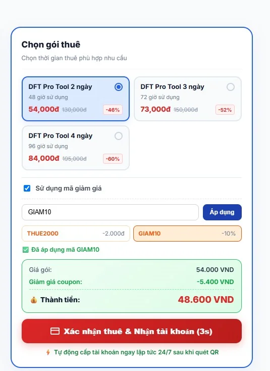 Áp mã giảm giá GIAM10 khi thuê DFT Pro tiết kiệm 10 phần trăm