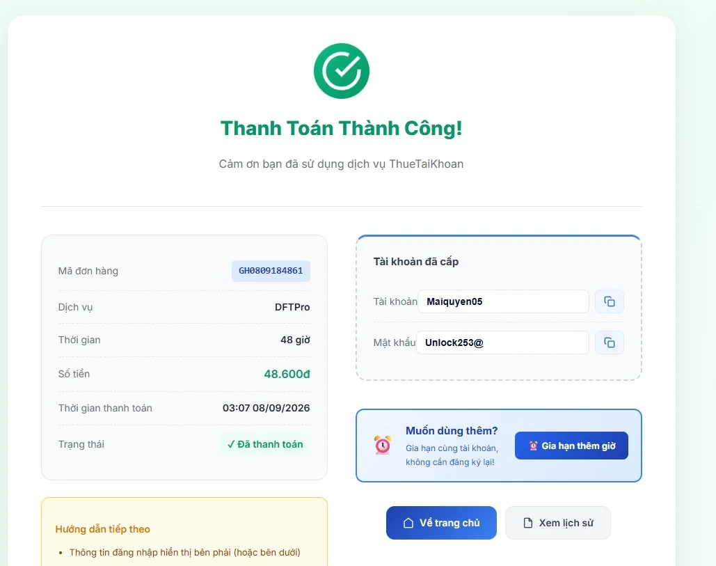 Nhận tài khoản mật khẩu DFT Pro tự động sau 3 giây thanh toán