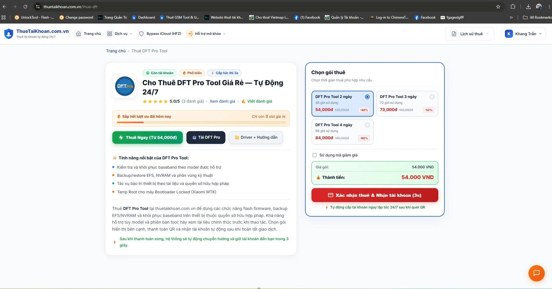 Giao diện thuê tài khoản DFT Pro tự động tại thuetaikhoan.com.vn