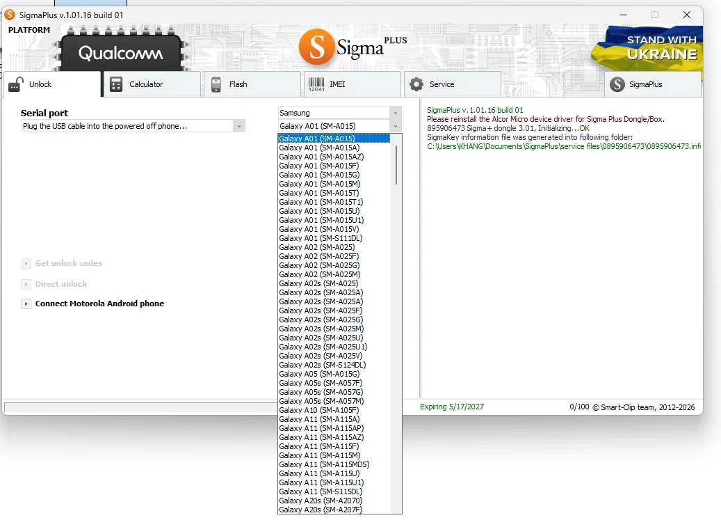 Sigma Plus nền tảng Qualcomm: Unlock, Calculator, Flash, IMEI cho Samsung, Motorola